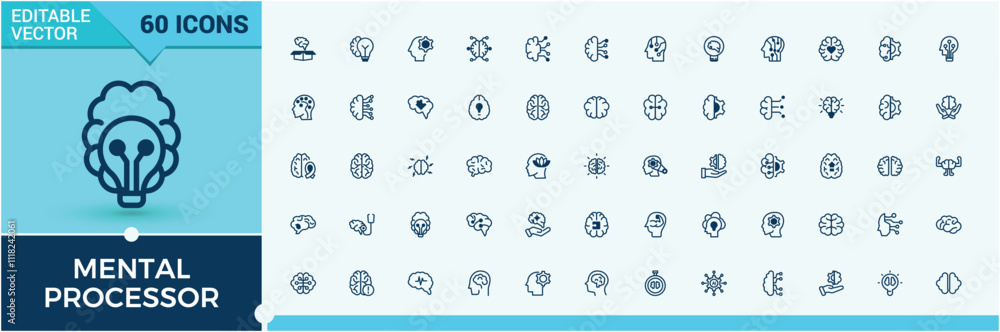 Mental Processor icons. Contains related to mental health, brainpower, neurology, human, focus, health, thinking and more. Set of line pictogram. Editable vector outline and solid icons. Mental Processor icons. Contains related to mental health, brainpower, neurology, human, focus, health, thinking and more. Set of line pictogram. Editable vector outline and solid icons.