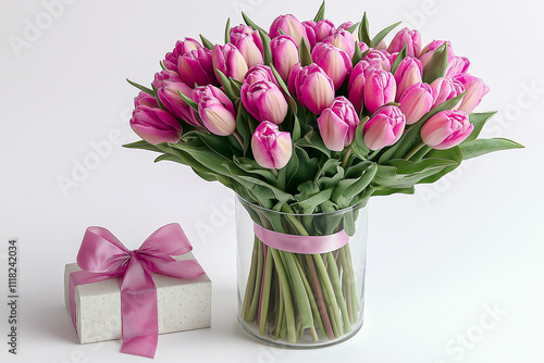 Pink tulips in a glass vase with a gift box on a white background. for backgrounds. for the banner. for postcards.