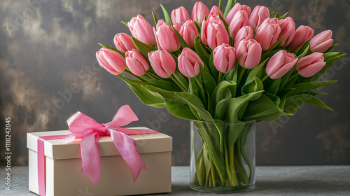 Pink tulips in a glass vase with a gift box on a white background. for backgrounds. for the banner. for postcards.