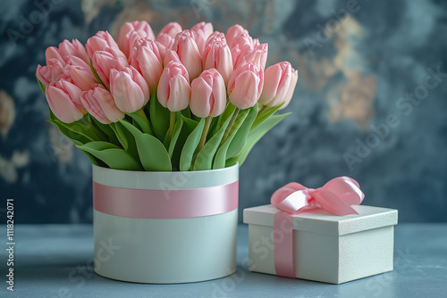 Pink tulips in a glass vase with a gift box on a white background. for backgrounds. for the banner. for postcards.