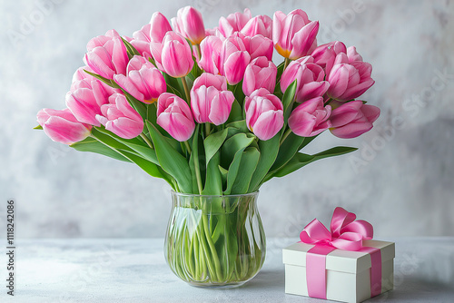 Pink tulips in a glass vase with a gift box on a white background. for backgrounds. for the banner. for postcards.