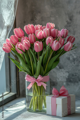 Pink tulips in a glass vase with a gift box on a white background. for backgrounds. for the banner. for postcards.