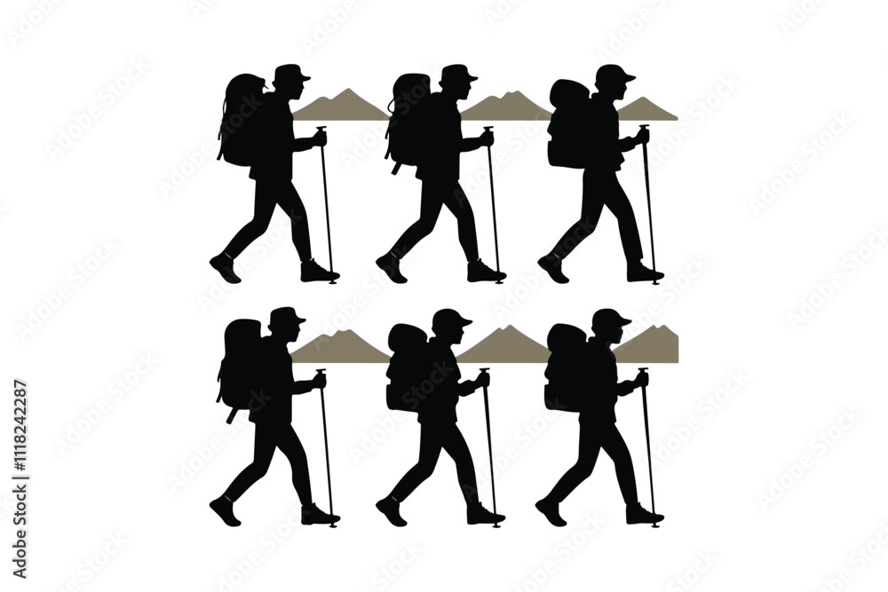 Hiking man Silhouettes. hiker with rucksacks silhouette. Hiking man Silhouettes. hiker with rucksacks silhouette.