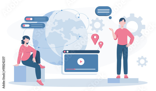 Positive public relations. Man and woman near media player. Business communication and interaction. PR managers team. Flat vector illustration