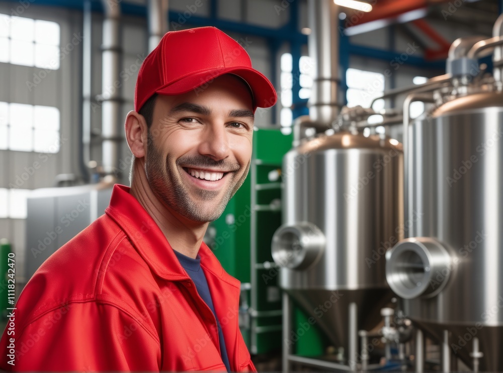 Smiling worker in red uniform at modern manufacturing facility during daytime Smiling worker in red uniform at modern manufacturing facility during daytime