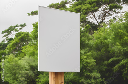 Large empty billboard for advertising on a street with a tree to the side under bright daylight photo