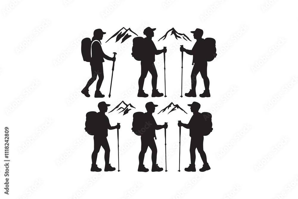 Obraz premium Hiking man Silhouettes. hiker with rucksacks silhouette.