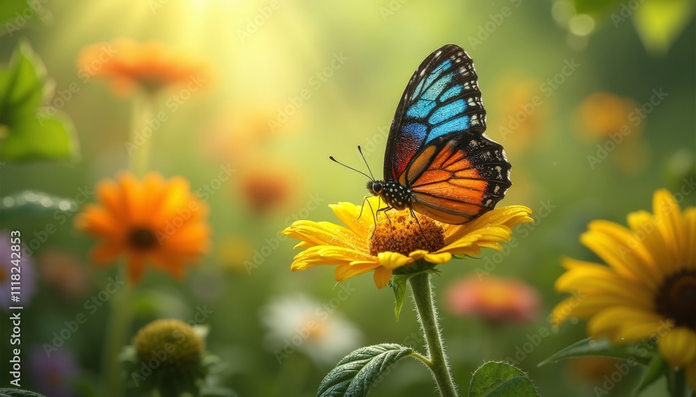 Vibrant butterfly perched on yellow flower in a colorful garden Vibrant butterfly perched on yellow flower in a colorful garden
