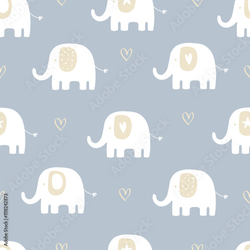 Cute seamless pattern with elephant. Kids design, Use for prints, textiles, fabric, wallpaper, stationery, nursery, wrapping paper, etc.