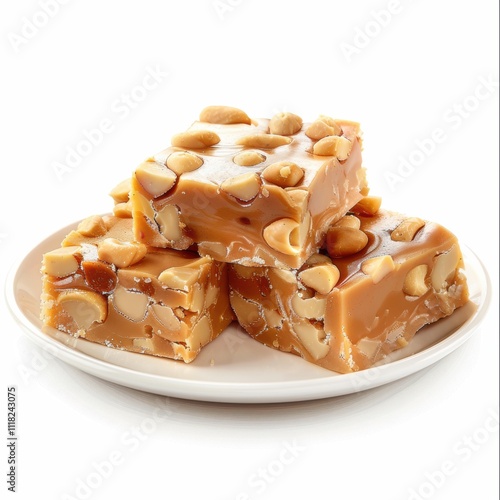Medium shot of Peanut butterscotch fudge on a plate, isolated on a white background