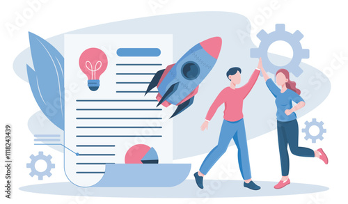 People starting project. Man and woman high five near contract and rocket. Colleagues and partners working on startup and business project. Teamwork and success. Flat vector illustration