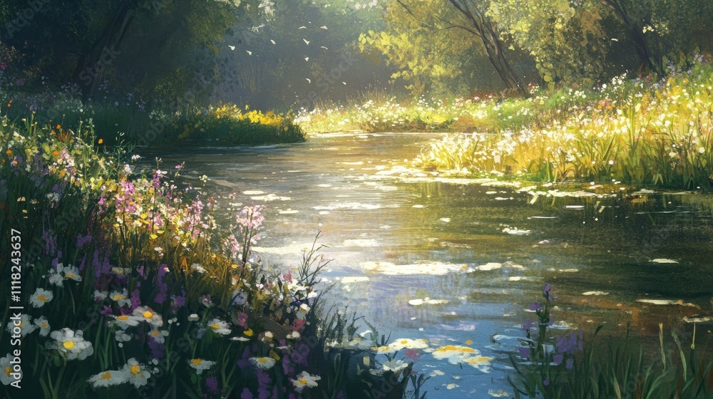 Sunlit river flowing through a lush green meadow with wildflowers on the banks. Sunlit river flowing through a lush green meadow with wildflowers on the banks.