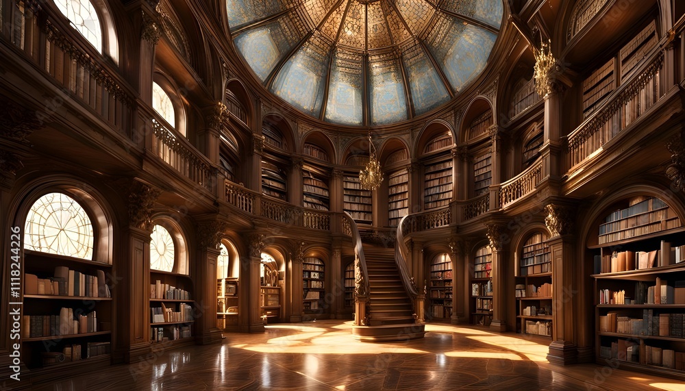 Obraz premium an ultra-detailed image of an ancient library: towering wooden bookshelves filled with old, leather-bound books stretching up to a domed ceiling with intricate stained-glass designs.