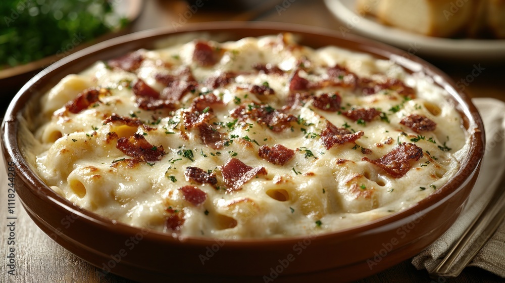Creamy mac and cheese with crispy bacon topping in a rustic bowl. Creamy mac and cheese with crispy bacon topping in a rustic bowl.