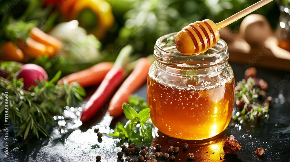 Fresh Honey Jar with Honey Dipstick Surrounded by Vegetables Fresh Honey Jar with Honey Dipstick Surrounded by Vegetables
