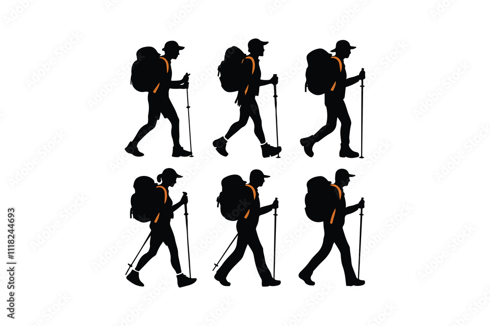 Obraz premium Hiking man Silhouettes. hiker with rucksacks silhouette.