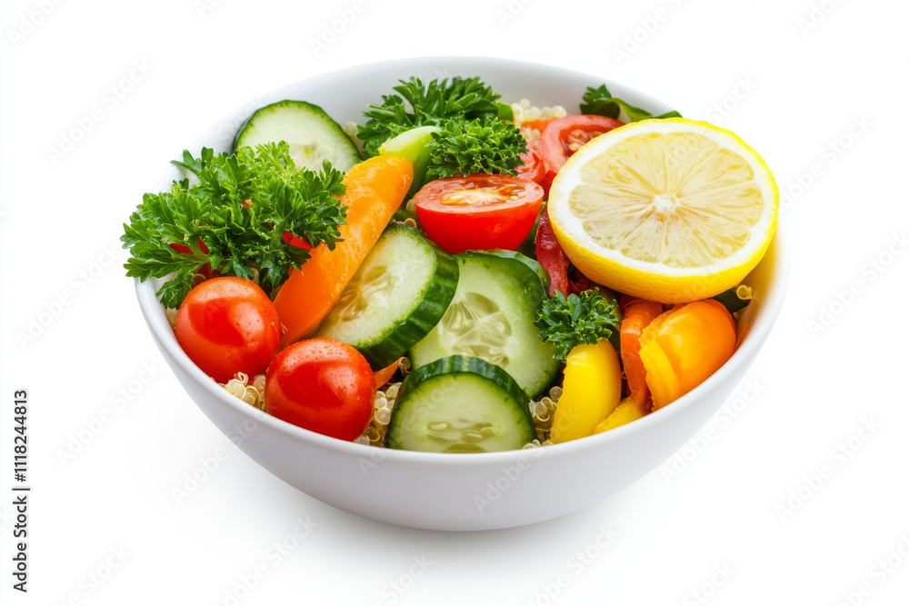 vibrant salad bowl with fresh vegetables including cucumber, cherry tomatoes, bell peppers, and lemon slice, garnished with parsley on white background vibrant salad bowl with fresh vegetables including cucumber, cherry tomatoes, bell peppers, and lemon slice, garnished with parsley on white background