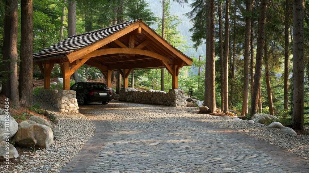 Obraz premium A rustic car park design using timber and natural stones, blending into a forested environment