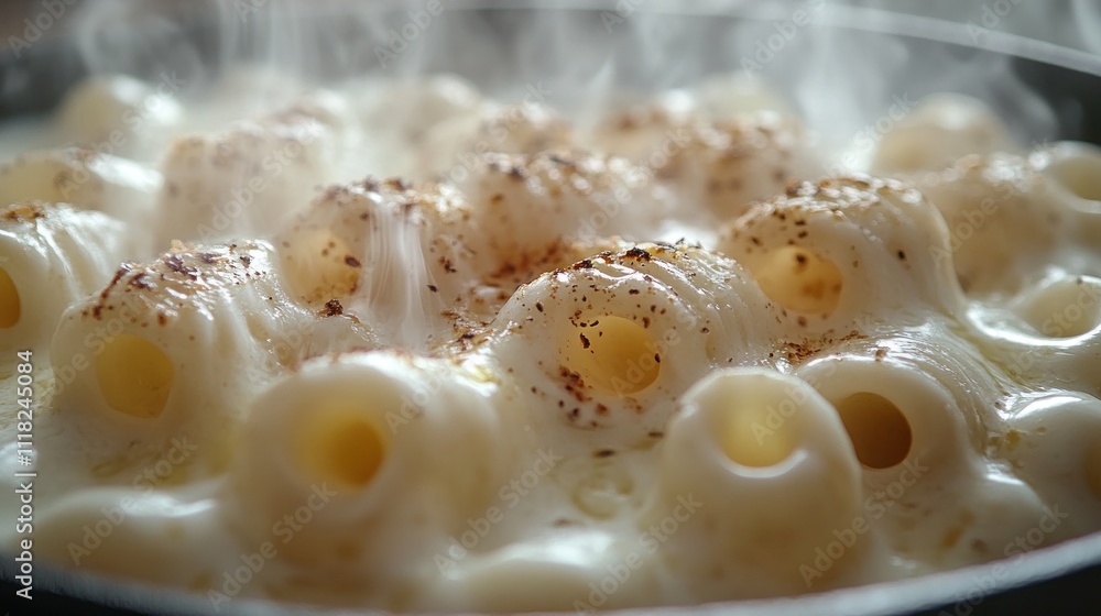 Creamy pasta in a pan, steaming, with cheese sauce. Creamy pasta in a pan, steaming, with cheese sauce.