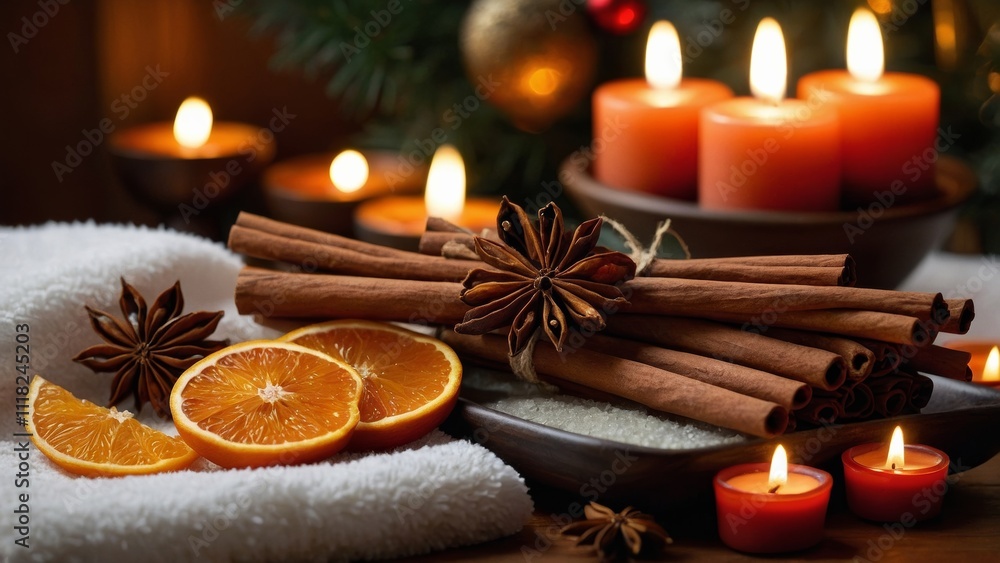 A close-up photo of warm and festive spa elements. Slices of orange, cinnamon sticks, and anise stars lie on a soft white towel, complemented by glowing candles. A close-up photo of warm and festive spa elements. Slices of orange, cinnamon sticks, and anise stars lie on a soft white towel, complemented by glowing candles.