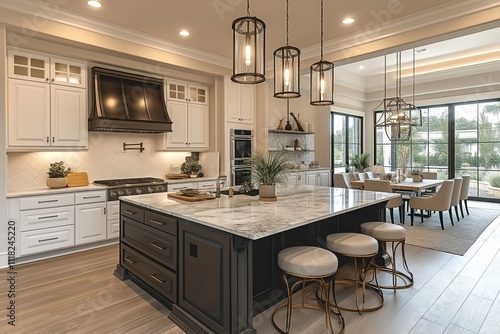 Luxury kitchen in modern home features high-end appliances, upscale cabinetry. Marble counters, white cabinets create elegant look. Furnished with comfortable bar stools. Open dining area with large