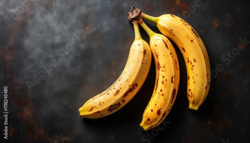 Ripe bananas on dark background. Healthy fresh fruit. Bunch of bananas for healthy breakfast. Food photo for social media post recipe. Food concept. Organic fruit. Copy space. Tasty sweet banana.