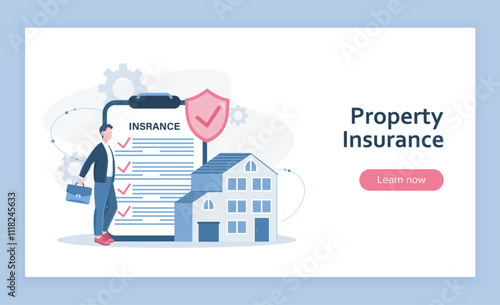 Property insurance landing page. Man with briefcase near contract and house. Real estate and private property. Financial coverage. Flat vector illustration