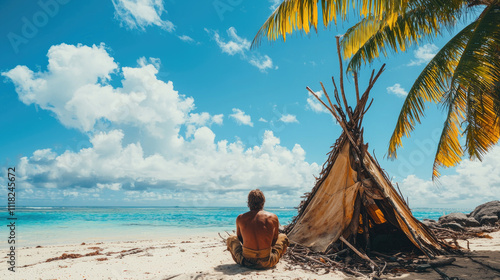 Person in rags and hut on tropical beach, man sitting on lost island in ocean. Theme of shipwreck, sea, travel