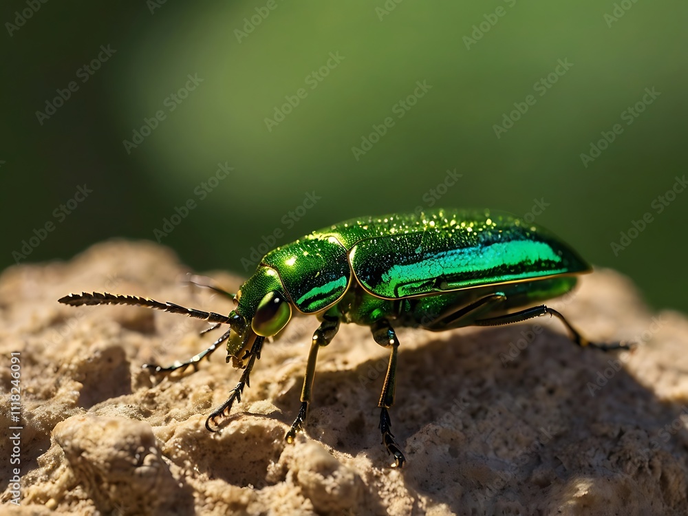 Vibrant Green Beetle Crawling On A Rock Surface Vibrant Green Beetle Crawling On A Rock Surface