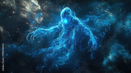 Ethereal blue cosmic entity in vibrant space nebula, dreamlike monster like fantasy movie photo