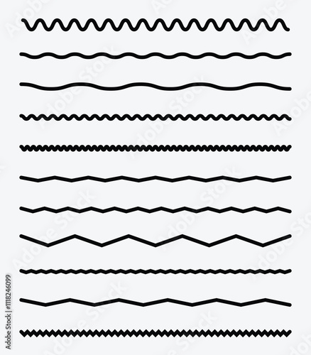 Wave line and wavy zigzag pattern lines. Vector black underlines, smooth end squiggly horizontal curvy squiggles on white background. Wave Line.