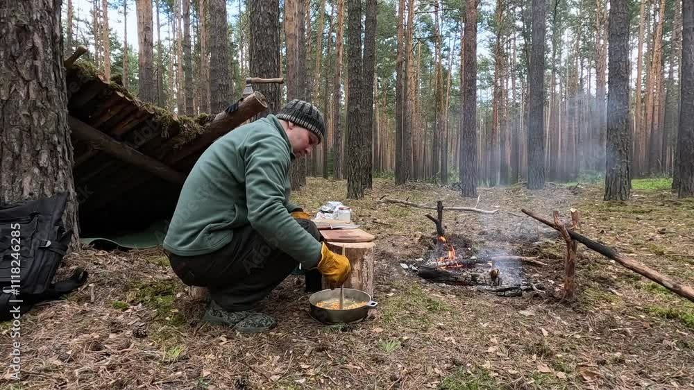 A tourist stirs fried vegetables in a frying pan in the forest A tourist stirs fried vegetables in a frying pan in the forest