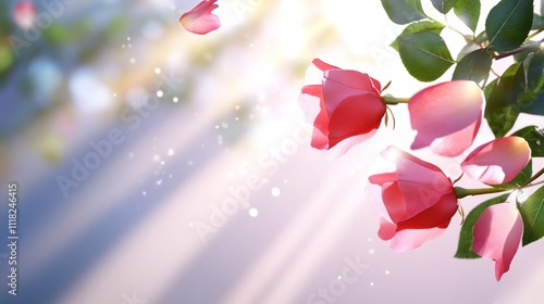 Radiant pink roses and petals in sun's warm glow photo