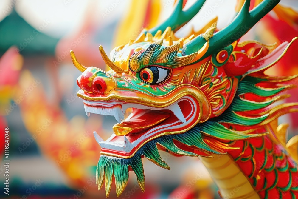 A close-up of a Chinese dragon boat head with intricate details