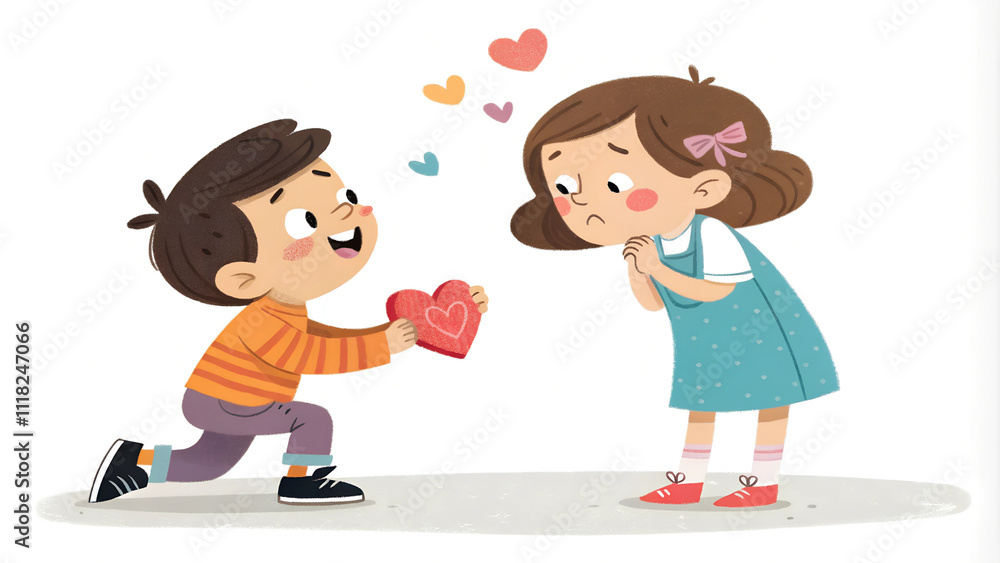 A cheerful boy offering a red heart to a bashful girl surrounded by colorful hearts A cheerful boy offering a red heart to a bashful girl surrounded by colorful hearts