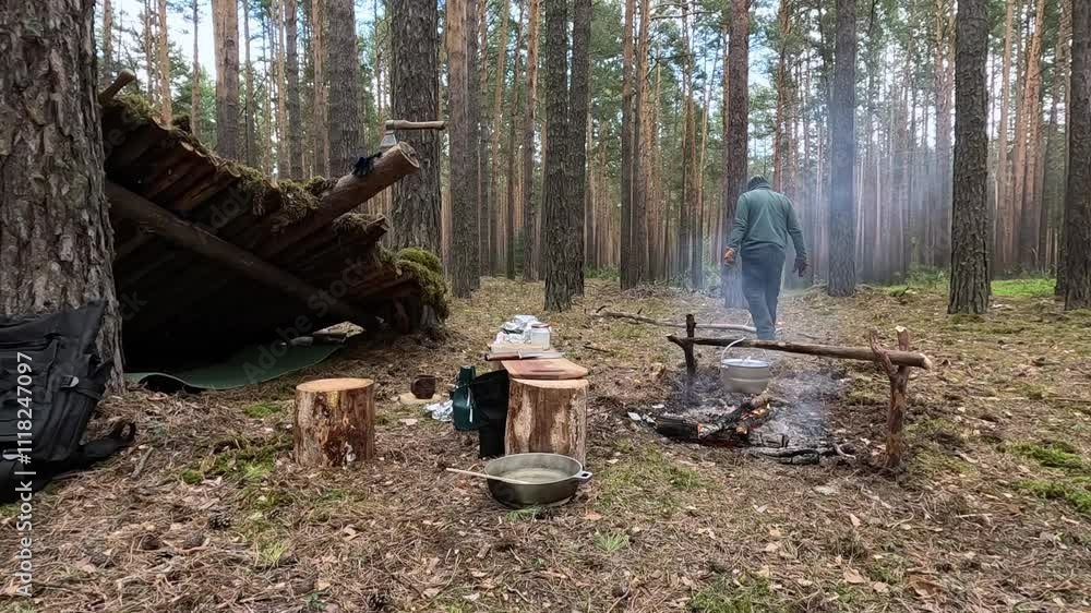 A man collects sticks in the forest for a fire A man collects sticks in the forest for a fire