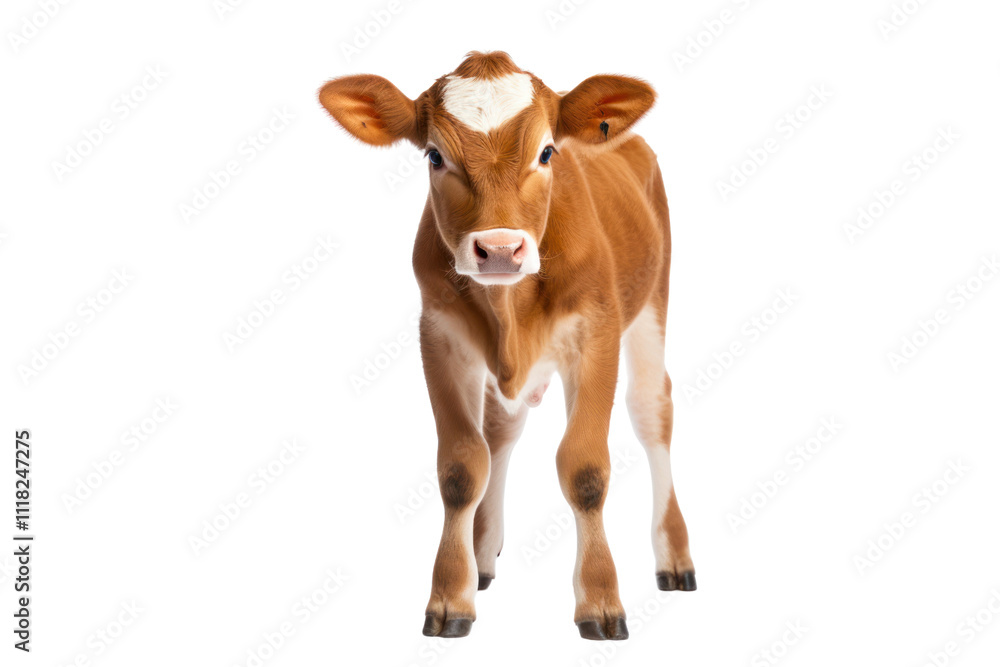 A young cow calf standing alert, ears perked up, with a smooth coat and a curious gaze A young cow calf standing alert, ears perked up, with a smooth coat and a curious gaze