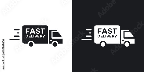 Fast shipping delivery truck icons in solid black and white colors