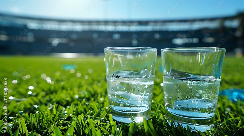 Two drink glasses on the grass with a stadium in the distance Two drink glasses on the grass with a stadium in the distance