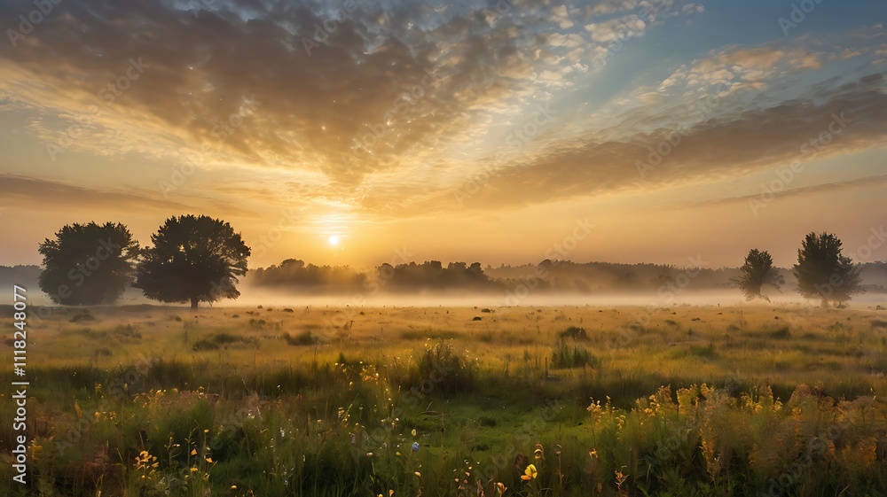 Golden Sunrise Over Foggy Meadow Landscape Golden Sunrise Over Foggy Meadow Landscape
