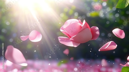 Floating pink rose petals in sunlight glow photo