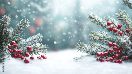 Christmas border with pine snow and red berries on white background