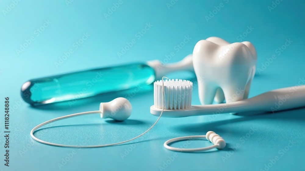 Dental Home Care Tools - Oral Hygiene Basics on Blue Dental Home Care Tools - Oral Hygiene Basics on Blue