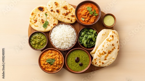 Colorful Indian meal with rice, naan, curries on wooden table. Variety of dishes arranged beautifully. Healthy, delicious food presentation. Culinary art piece. Possible food blog post restaurant photo