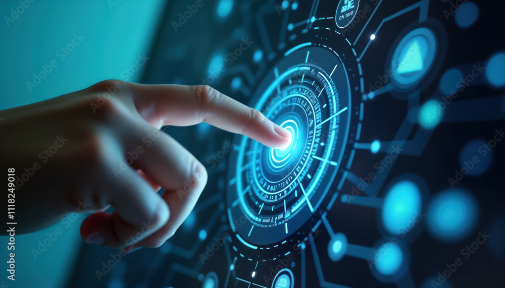 Expert hand interacts with futuristic tech interface. Finger presses glowing button on digital touch screen. Advanced system navigation, control concept. Modern tech design. Interactive interface