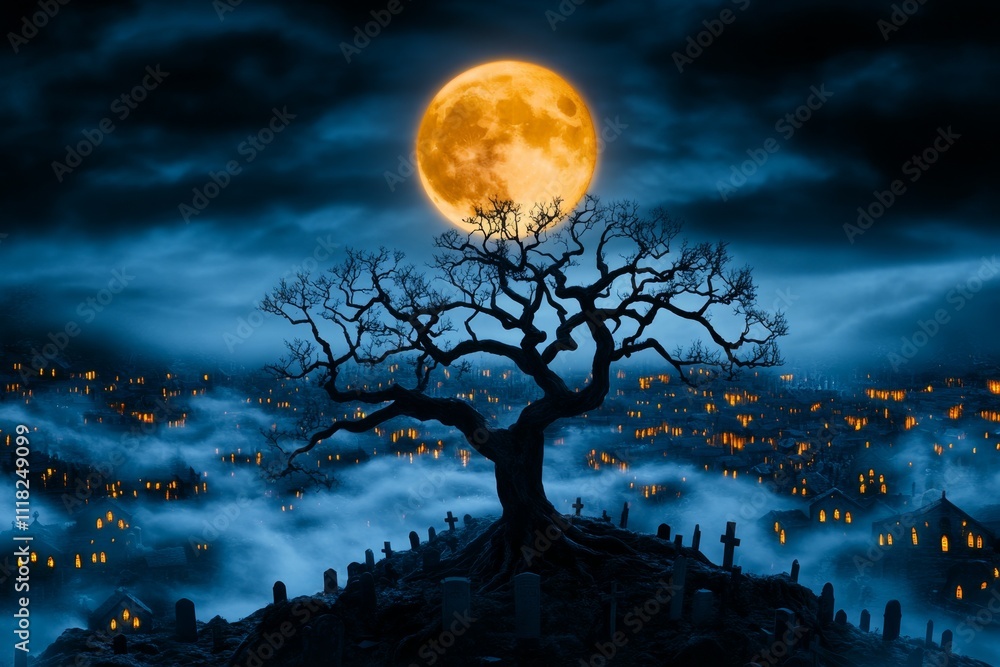 A gothic-style crowd gathered in a misty graveyard, illuminated by faint moonlight and surrounded by dark, shadowy trees A gothic-style crowd gathered in a misty graveyard, illuminated by faint moonlight and surrounded by dark, shadowy trees