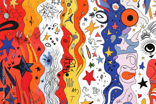 Vibrant Abstract Collage with Hand-Drawn Stars and Shapes