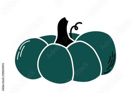 Hand drawn pumpkin. Green pumpkin sketch. Autumn and fall season vegetable. Halloween celebration, thanksgiving day. Poster or banner. Flat vector illustration