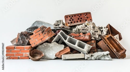 A side view of mixed construction garbage, showcasing red bricks, concrete blocks, and rusted metal pieces on a white surface