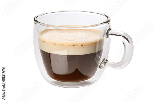 A transparent glass coffee cup with a double-walled design, allowing the viewer to see the aromatic coffee inside. The cup is positioned on a white surface, reflecting light beautifully